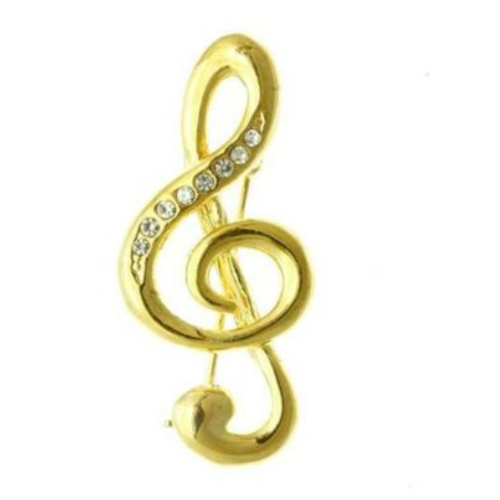 Gold Plated Music Clef Note Pin Brooch Crystal Statement Musician Teacher Gift